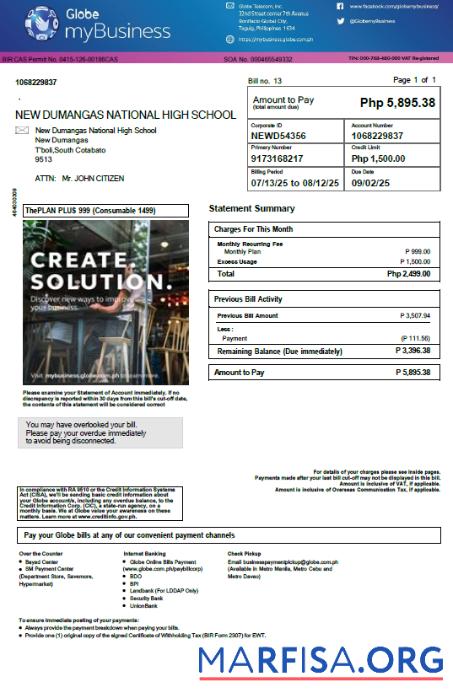 Realistic Philippines Globe myBusiness utility bill template in Word and PDF formats